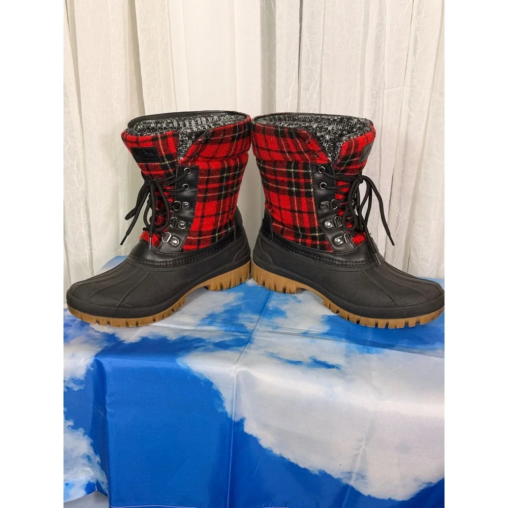 Aleader Womens Red Plaid Duck Boots Black Waterproof Winter Snow Boots Size 9